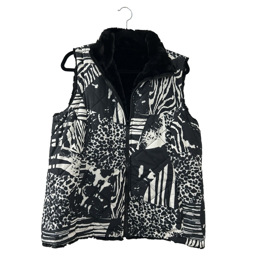 Multiples Reversible Faux‎ Fur Vest L Black White Animal Print Mob Wife Glam